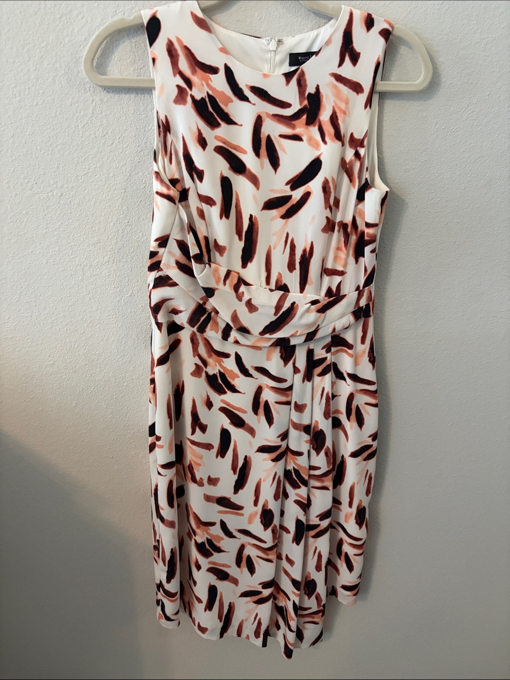 Sleeveless White Dress with Brown and Black Brushstroke Print